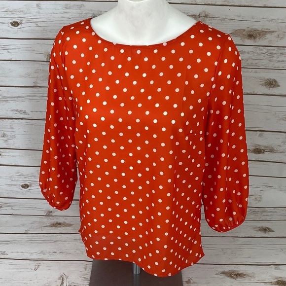 New York & Company Orange Polkadot Bow Back Top - Picture 2 of 11
